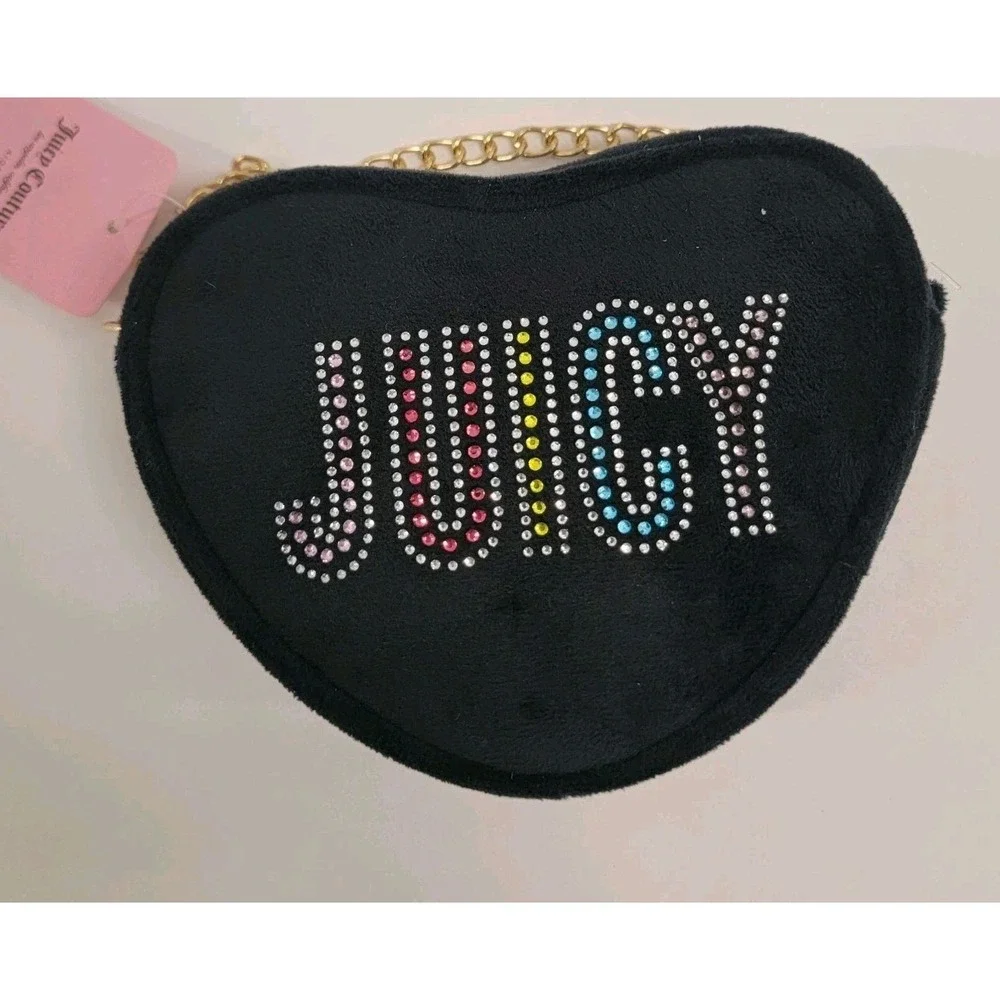 NEW! JUICY COUTURE Kids Faux Fur Heart Shoulder Bag Black Colorful Rhinestones